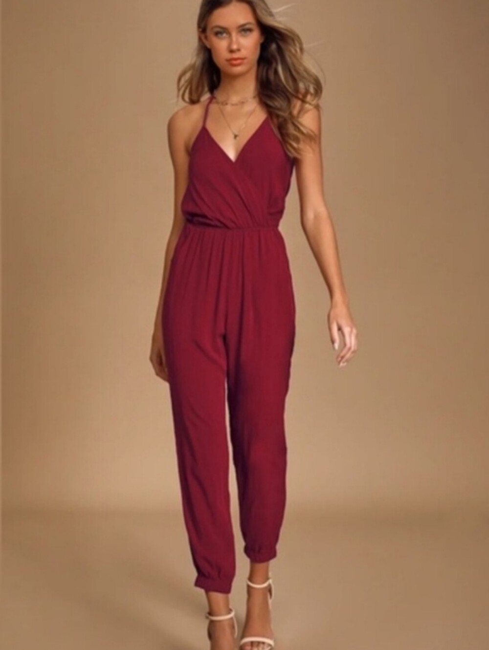 NWT Lulu's Burgundy Sleeveless Surplice Jumpsuit Rayon XS